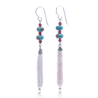 Multi-gemstone dangle earrings, 'Distinguished Pearl' - Hill Tribe-Inspired Multi-Gemstone Dangle Hook Earrings