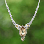 6.5-Carat Citrine Brass Beaded Macrame Pendant Necklace, 'Shimmering Glory'