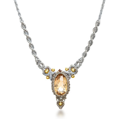 Citrine macrame pendant necklace, 'Shimmering Glory' - 6.5-Carat Citrine Brass Beaded Macrame Pendant Necklace