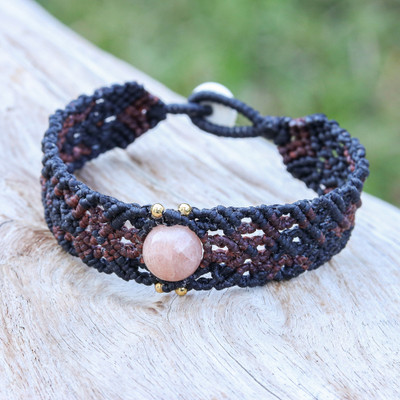 Sunstone macrame pendant bracelet, 'Sunset Sensations' - Sunstone Macrame Pendant Bracelet with Quartz Button Closure