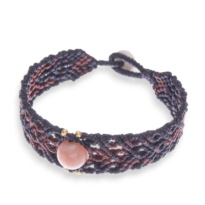 Sunstone macrame pendant bracelet, 'Sunset Sensations' - Sunstone Macrame Pendant Bracelet with Quartz Button Closure