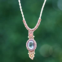 Amethyst and quartz macrame pendant necklace, 'Boho Style' - Amethyst Quartz Macrame Pendant Necklace with Brass Beads