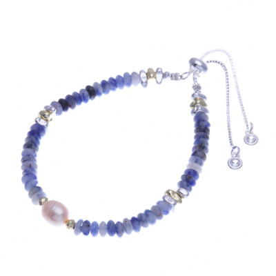 Multi-gemstone beaded bracelet, 'Pearl of Truth' - Thai-Made Multi-Gemstone Pearl Beaded Bracelet in Blue Hues