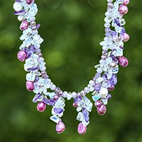 Cultured pearl and glass beaded waterfall statement necklace, 'Purple Splendor' - Cultured Pearl and Glass Beaded Waterfall Statement Necklace