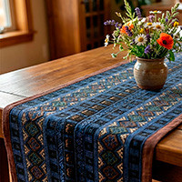 Cotton and silk blend table runner, 'Midnight Indigo' - Geometric Cotton and Silk Table Runner Handwoven in Thailand