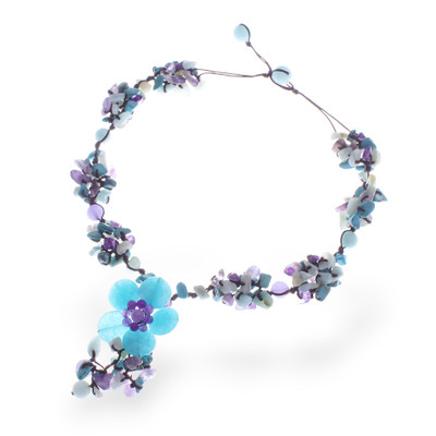 Multi-gemstone beaded Y necklace, 'Wintertime Flower' - Knotted Quartz Howlite Amethyst Beaded Y Pendant Necklace