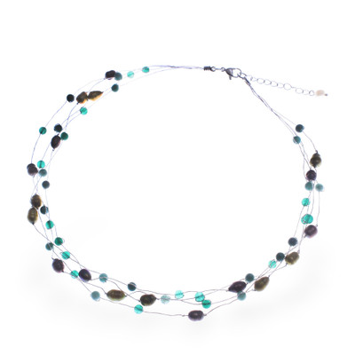 Cultured pearl and quartz strand station necklace, 'Layering Glamour' - Cultured Pearl and Quartz Four-Strand Station Necklace