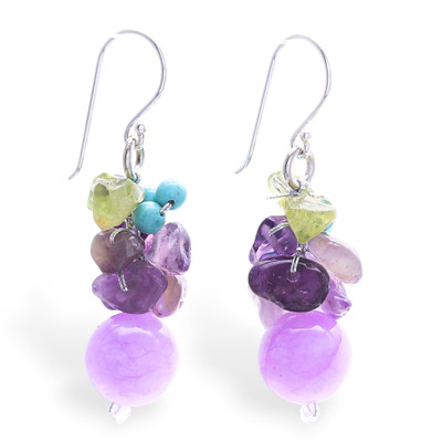 Multi-gemstone cluster earrings, 'Thai Spell' - Purple-Palette Multi-Gemstone Cluster Earrings from Thailand