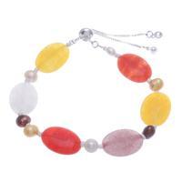 Quartz and cultured pearl beaded wristband bracelet, 'Spring Tangerine' - Colorful Quartz Cultured Pearl and Glass Beaded Bracelet