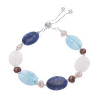 Quartz and cultured pearl beaded wristband bracelet, 'Wintertime Sky' - Blue White Quartz Cultured Pearl and Glass Beaded Bracelet