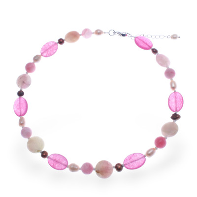 Quartz and cultured pearl beaded necklace, 'Sweet Autumn' - Pink Quartz Cultured Pearl and Glass Beaded Necklace