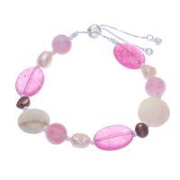 Quartz and cultured pearl beaded wristband bracelet, 'Sweet Autumn' - Pink Quartz Cultured Pearl and Glass Beaded Bracelet