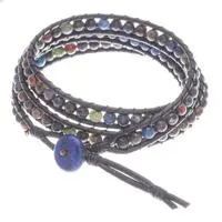 Jasper and lapis lazuli wrap bracelet, 'Black Melody' - Jasper Lapis Lazuli Wrap Bracelet with Black Leather Cord