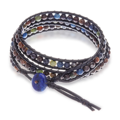Jasper and lapis lazuli wrap bracelet, 'Black Melody' - Jasper Lapis Lazuli Wrap Bracelet with Black Leather Cord