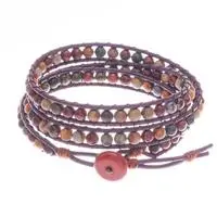 Jasper wrap bracelet, 'Brown Melody' - Jasper Wrap Bracelet with Brown Leather Cord from Thailand