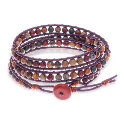 Jasper wrap bracelet, 'Brown Melody' - Jasper Wrap Bracelet with Brown Leather Cord from Thailand