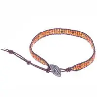 Leather-accented glass beaded wristband bracelet, 'Sunray Embrace' - Leather and Glass Beaded Bracelet with Silver Button Closure