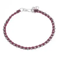 Silver beaded wristband bracelet, 'Exquisite Crimson' - Hill Tribe Silver Beaded Wristband Bracelet with Red Cord