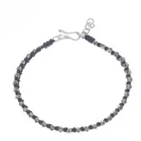 Silver beaded wristband bracelet, 'Exquisite Ebony' - Black Wristband Bracelet with Thai Hill Tribe Silver Beads
