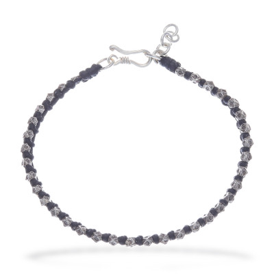 Silver beaded wristband bracelet, 'Exquisite Ebony' - Black Wristband Bracelet with Thai Hill Tribe Silver Beads