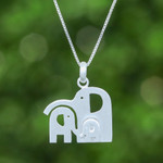 Sterling silver pendant necklace, 'Together as One' - Whimsical Elephant Family-Themed Silver Pendant Necklace