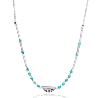 Reconstituted turquoise and silver beaded pendant necklace, 'Aqua Whispers' - Hill Tribe Silver Reconstituted Turquoise Pendant Necklace