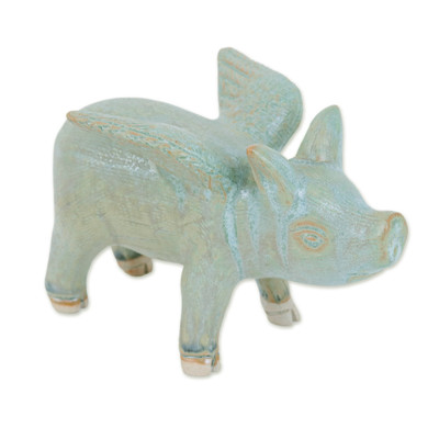 Celadon ceramic figurine, 'Flying Grey Pig' - Celadon Ceramic Flying Pig Figurine with Bluish-Grey Glaze