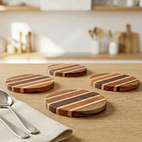 Wood coasters, 'Flavorful Moments' (set of 4) - 4 Eco-Friendly Striped Hand-Carved Reclaimed Wood Coasters