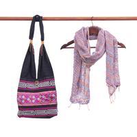 Curated gift set, 'Blossom Breeze Duo' - Hand-Loomed Cotton Scarf and Hill Tribe Bag Curated Gift Set