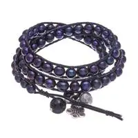 Cultured pearl beaded wrap bracelet, 'Night Secret' - Cultured Pearl Agate Leather 950 Silver Charms Wrap Bracelet