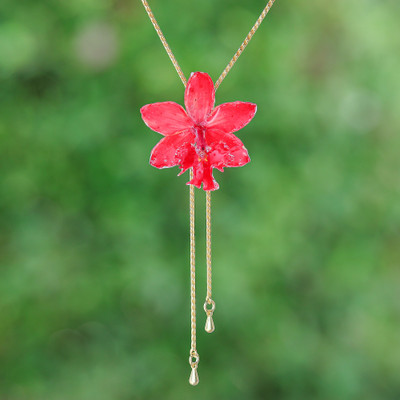 Gold-plated natural orchid flower lariat necklace, 'Luxurious Pink' - Spring-Inspired 22k Gold-Plated Pink Orchid Lariat Necklace