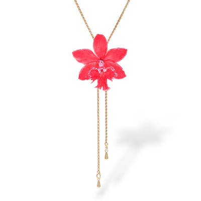 Gold-plated natural orchid flower lariat necklace, 'Luxurious Pink' - Spring-Inspired 22k Gold-Plated Pink Orchid Lariat Necklace