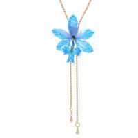 Gold-plated natural orchid flower lariat necklace, 'Luxurious Cerulean' - Resin-Coated Cerulean Orchid Necklace with Golden Chain