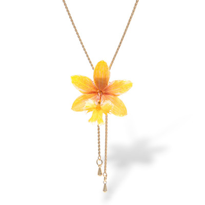 Gold-plated natural orchid flower lariat necklace, 'Luxurious Yellow' - Handmade Yellow Orchid Lariat Necklace with Golden Chain