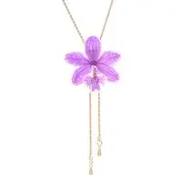 Gold-plated natural orchid flower lariat necklace, 'Luxurious Purple' - Thai-Made Purple Bloom Lariat Necklace with 22k Gold Plating