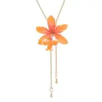 Gold-plated natural orchid flower lariat necklace, 'Luxurious Sunset' - Warm-Palette 22k Gold-Plated Orange Bloom Lariat Necklace