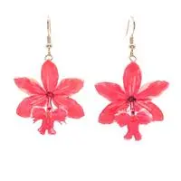 Gold-accented natural orchid flower dangle earrings, 'Luxurious Pink' - Spring-Themed Pink Orchid Dangle Earrings with Golden Hooks