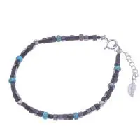 Onyx and reconstituted turquoise beaded wristband bracelet, 'Black Cubed' - Cube-Themed Onyx Reconstituted Turquoise Beaded Bracelet