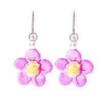 Handblown glass dangle earrings, 'Pink Blooming Grace' - Floral-Themed Hand-Painted Handblown Glass Dangle Earrings
