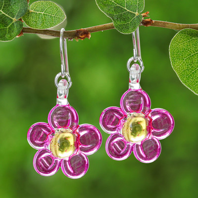 Handblown glass dangle earrings, 'Pink Blooming Grace' - Floral-Themed Hand-Painted Handblown Glass Dangle Earrings
