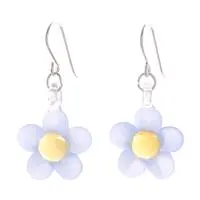 Handblown glass dangle earrings, 'Blue Blooming Grace' - Blue and Yellow Handblown Glass Floral Dangle Earrings