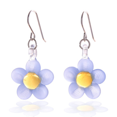 Handblown glass dangle earrings, 'Blue Blooming Grace' - Blue and Yellow Handblown Glass Floral Dangle Earrings