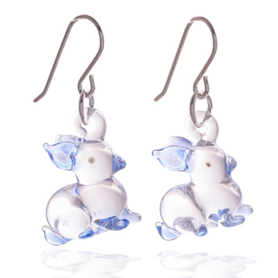 Handblown glass dangle earrings, 'Blue Bunny Bliss' - Handblown Glass Dangle Earrings with Rabbit Motif in Blue