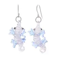 Handblown glass dangle earrings, 'Cute Blue Gecko' - Gecko-Themed Handblown Glass Dangle Earrings from Thailand