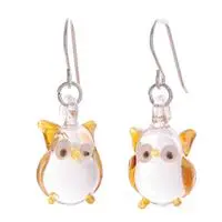 Handblown glass dangle earrings, 'Yellow Owl Boo' - Yellow and White Owl-Shaped Handblown Glass Dangle Earrings