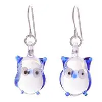 Handblown glass dangle earrings, 'Blue Owl Boo' - Whimsical Handblown Glass Dangle Earrings with Owl Motif