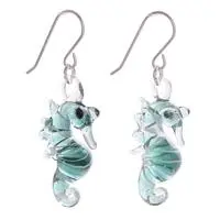 Handblown glass dangle earrings, 'Charming Green Seahorse' - Teal Seahorse-Themed Handblown Glass Dangle Earrings