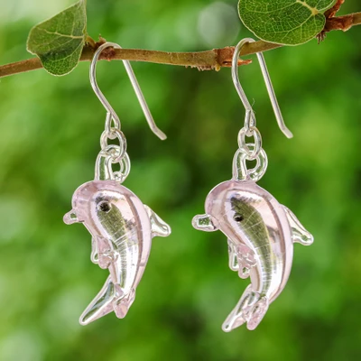 Handblown glass dangle earrings, 'Playful Pink Dolphin' - Pink Dolphin Dangle Earrings Made with Handblown Glass