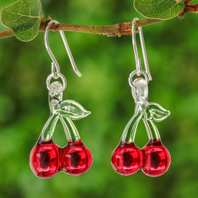 Handblown glass dangle earrings, 'Tasty Red Cherries' - Red Cherry-Themed Bohemian Handblown Glass Dangle Earrings