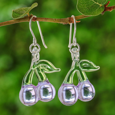 Handblown glass dangle earrings, 'Tasty Purple Cherries' - Handblown Glass Dangle Earrings with Purple Cherry Motif